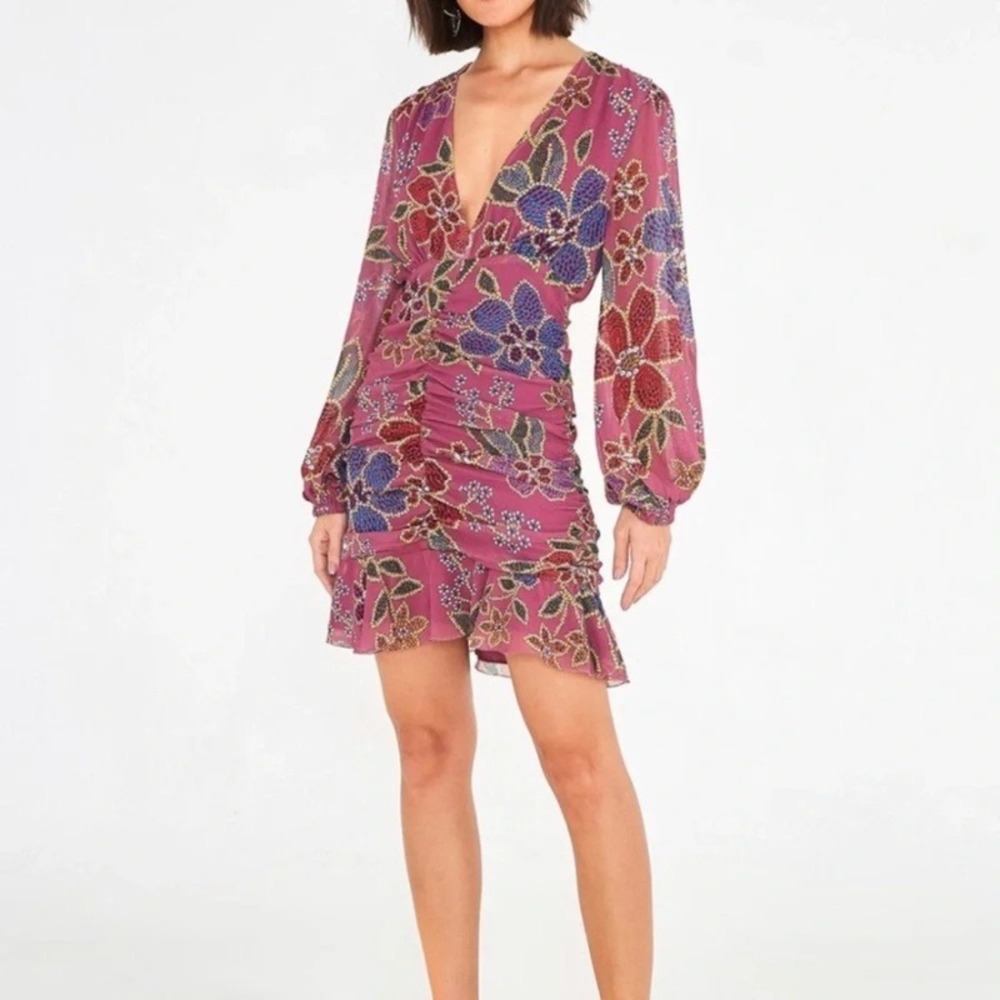 Farm Rio Frilled Lace Dress with Sequin Print Purple Ruched Mini Size S